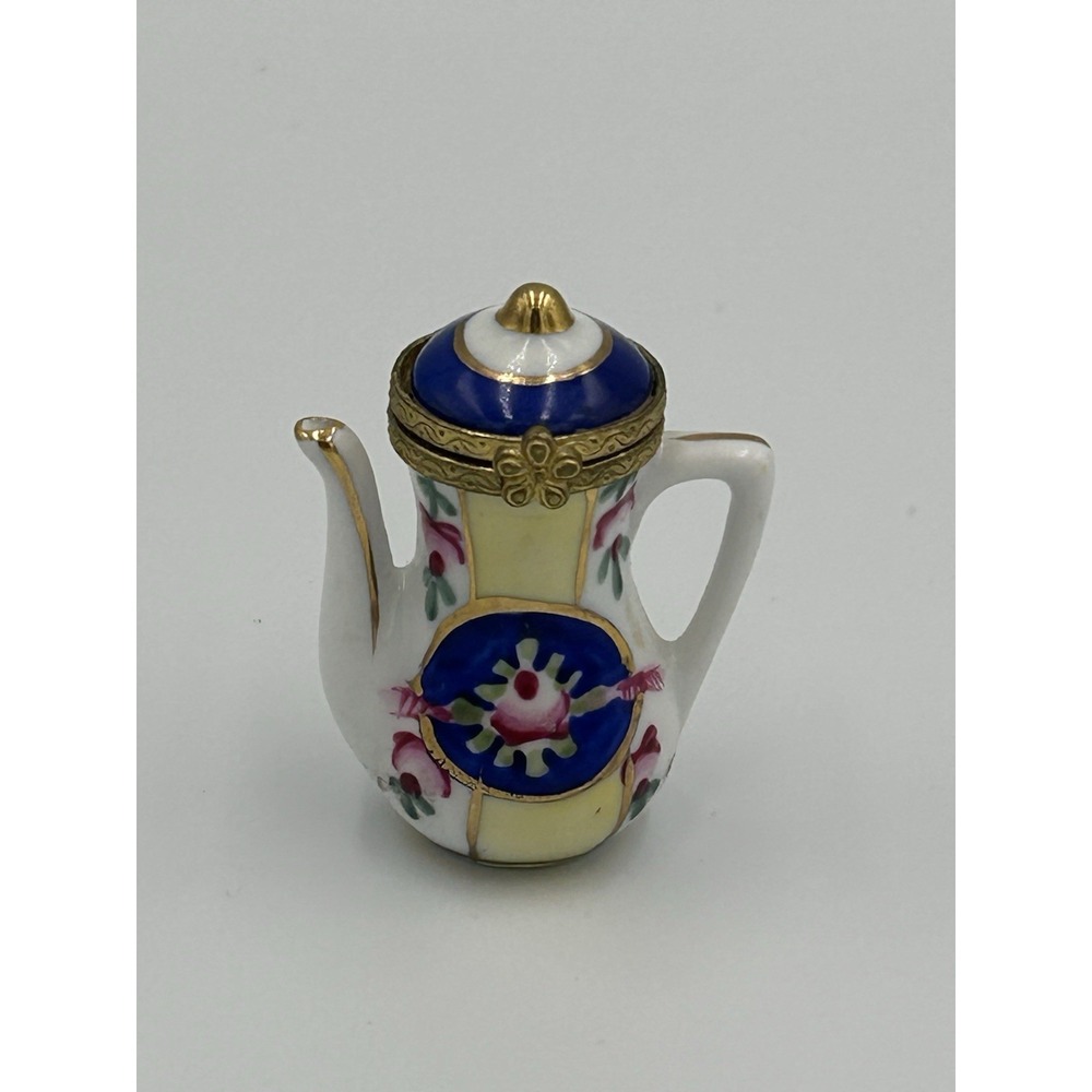 Vintage Porcelain Teapot Trinket Box Hinged Mini Blue Gold Floral Collectible